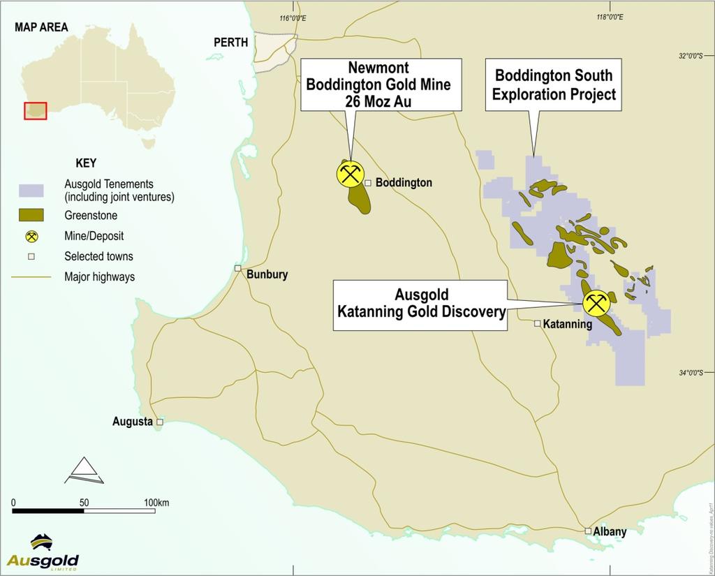 Figure 1: Location of Ausgold s Katanning Gold Discovery positioned within the Company s greater Boddington South Exploration Project where an extensive greenstone package has recently been