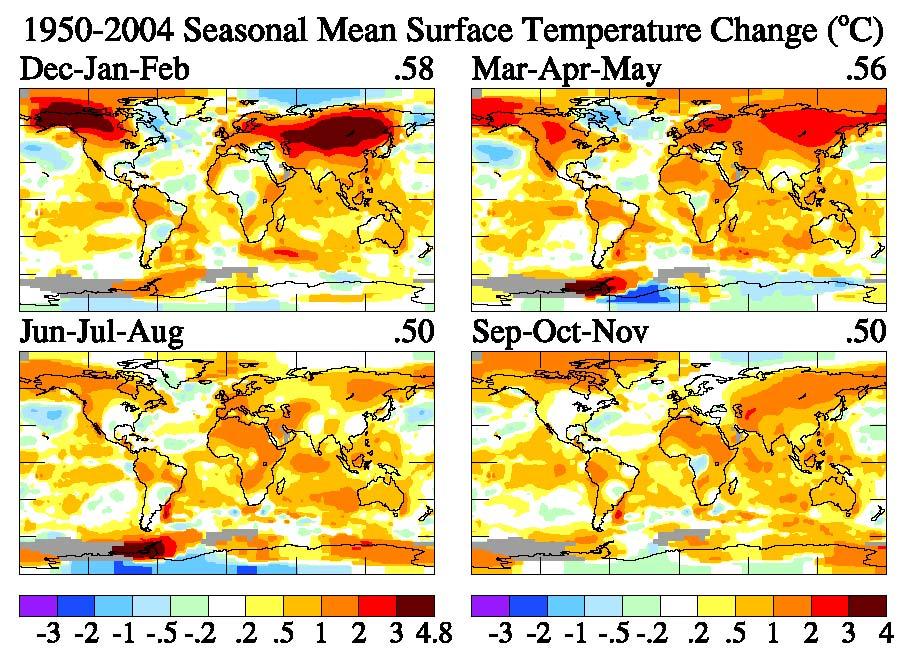 Global maps of surface temperature change. Figure 2 shows surface temperature change for three periods: 1880-2004, 1950-2004, and 1975-2004.