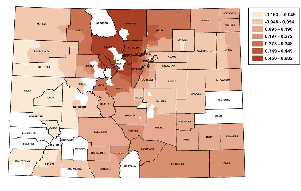 05 Urban/Rural The census tracts or areas with darker color indicate where the percent of the population living in an urban area value has a greater association with the age-adjusted AMI
