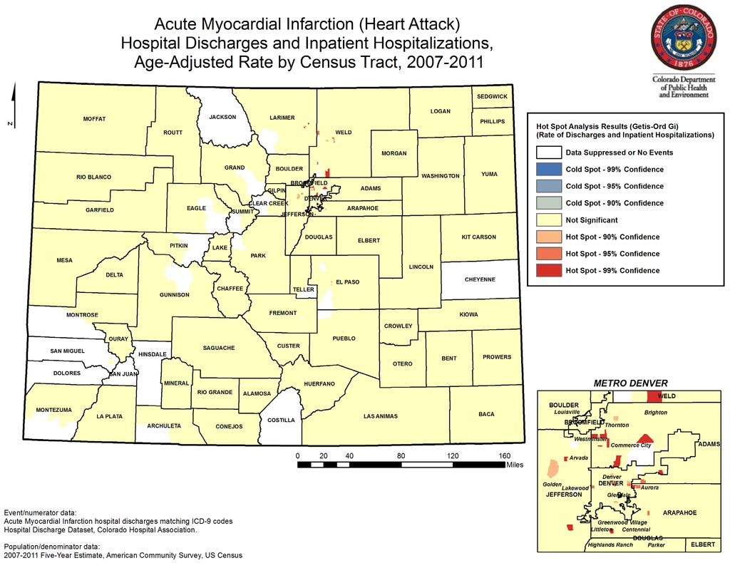 Significant Clusters of High and Low AMI Rates in Colorado (Census Tract) Figure 4 The map above (Figure 4) displays the result of the Hotspot Analysis Rendering tool (Getis-Ord Gi* Statistic).