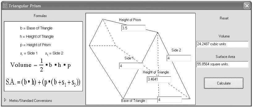 Primjer 1. Rješenje: Izračunajmo oplošje i obujam pravilne trostrane prizme s osnovnim bridom duljine a = 4 cm i duljinom visine h = 3.5 cm. Nakon pokretanja programa Geometry.