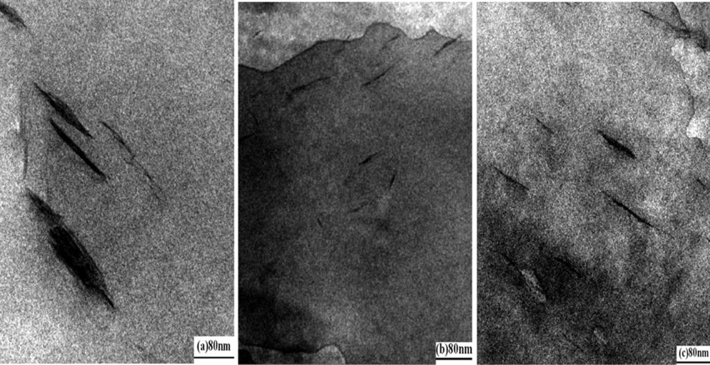 NANOCOMPOSITES FROM ORGANIC MONTMORILLONITE 545 FIG. 6. TEM images of SAN=clay nanocomposites: (a) SAN1, (b) SAN2, (c) SAN3 and (d) SAN4. matrix, but the silicate clay plate dimension is different.