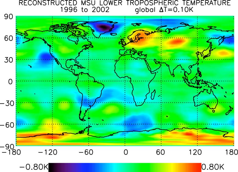 Figure 4. Shown is the spatial distribution of monthly mean 2-km temperature anomalies, extracted from multiple regression analysis of the 2.5 o 2.