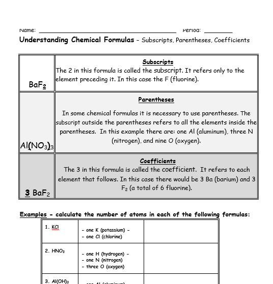 Chemical formulas practice: Make sure to complete the front page and ask