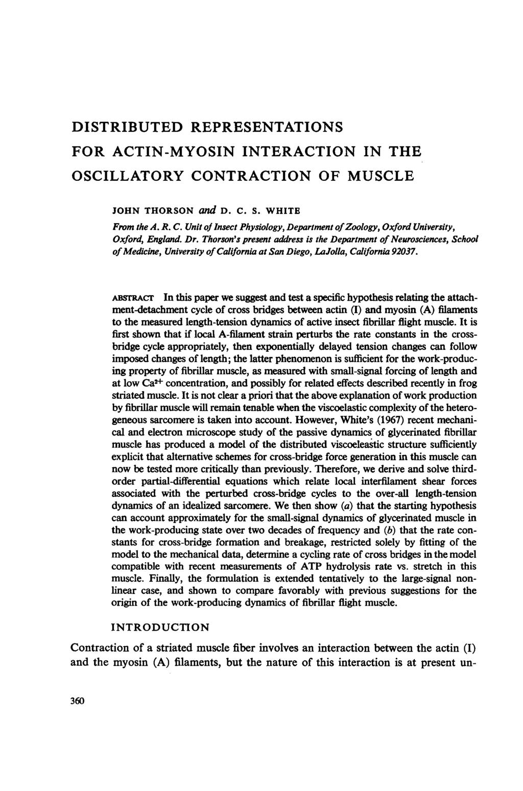 DISTRIBUTED REPRESENTATIONS FOR ACTIN-MYOSIN INTERACTION IN THE OSCILLATORY CONTRACTION OF MUSCLE JOHN THORSON and D. C. S. WHITE From the A. R. C. Unit of Insect Physiology, Department ofzoology, Oxford University, Oxford, England Dr.