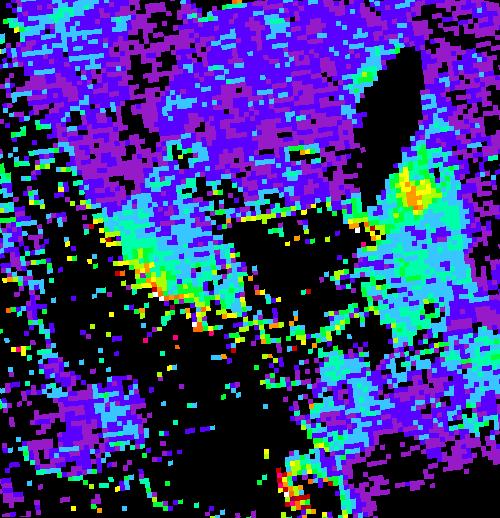 It is interesting in this case to have the thermal image to compare, and to note that a band of cloud contamination of pixels overlaps the edge of the