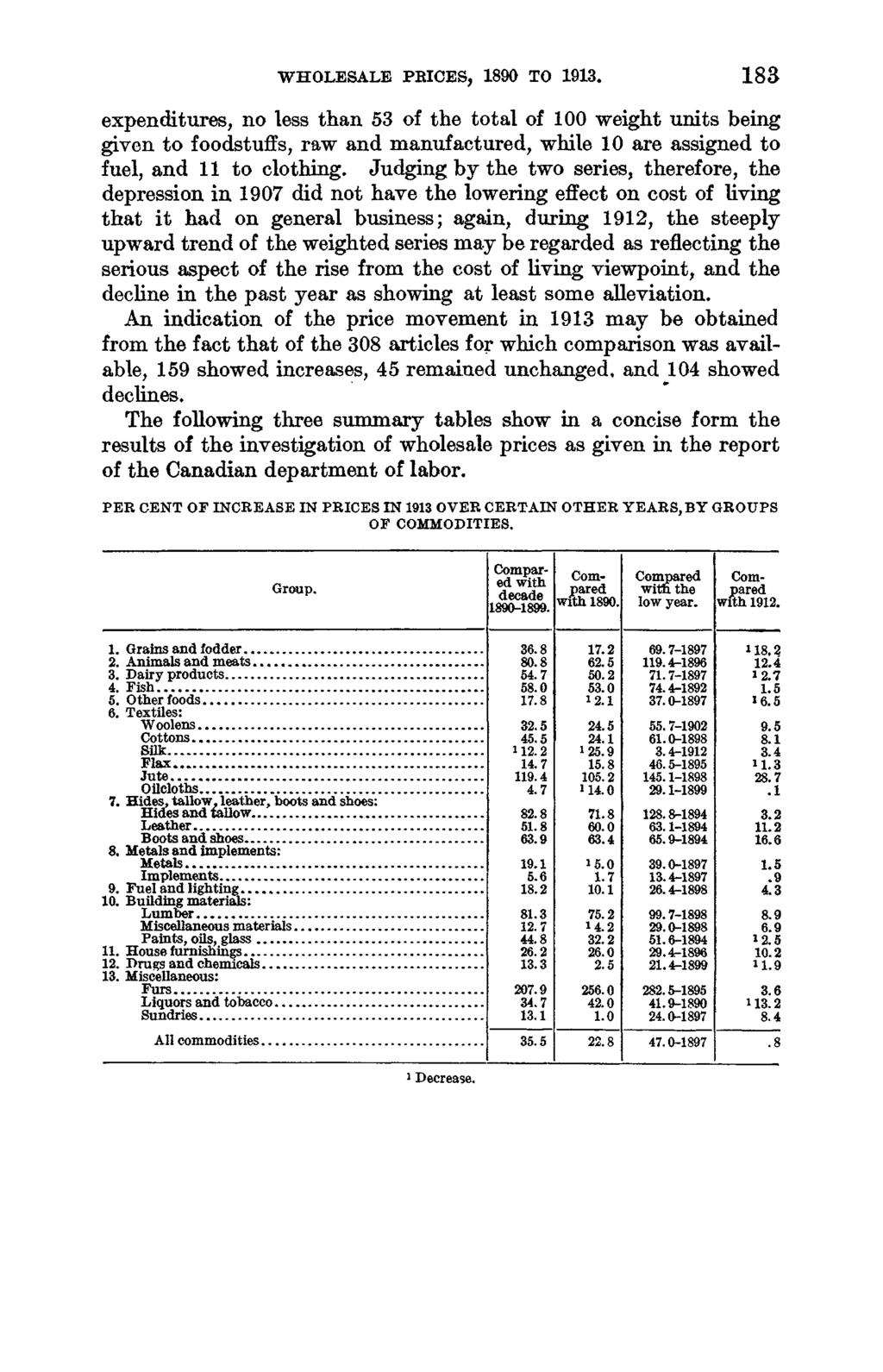 WHOLESALE PRICES, 1890 TO 1913. 1 8 3 expenditures, no less than 53 of the total of 100 weight units being given to foodstuffs, raw and manufactured, while 10 are assigned to fuel, and 11 to clothing.