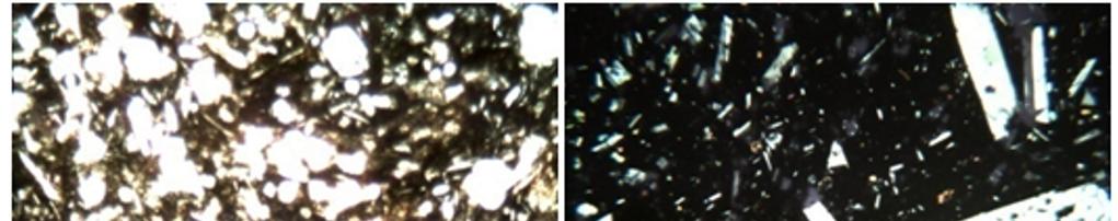 Fig. (6): A= Vesicular, porphyritic and trachyitic textures in vesicular porphyritic trachytic basalt; B= Different shapes and sizes of plagioclase crystals, some bearing-iron minerals and glassy