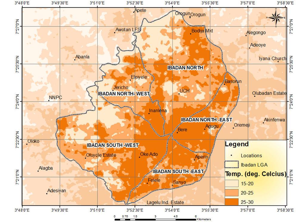 11, the high density settlement areas still remained the area with the highest surface temperature and waterbody the least.