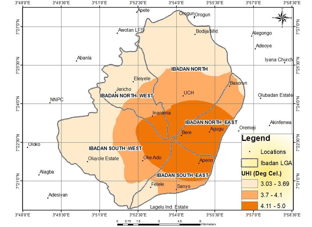 Lowest temperature located towards the western part of Ibadan corresponds to areas that are densely vegetated and also consists of waterbody. Fig.