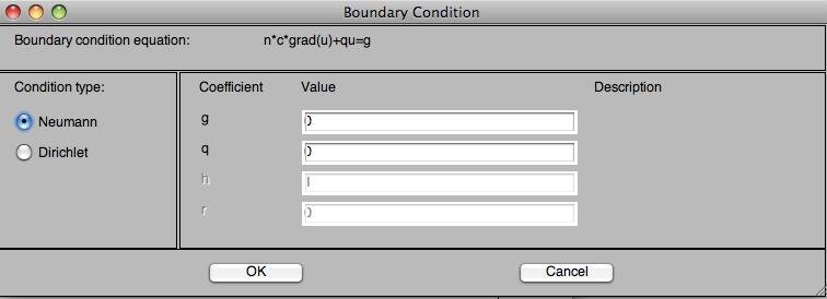 283 Figure 95: User interface for PDE boundary condition specification. Simply double click on a given boundary and specify Dirichlet (top figure) or Neumann (bottom figure) on the boundary selected.