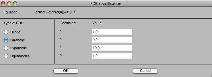 284 Figure 96: User interface for PDE specification. Four choices are given representing the equations given in (11.4.1).
