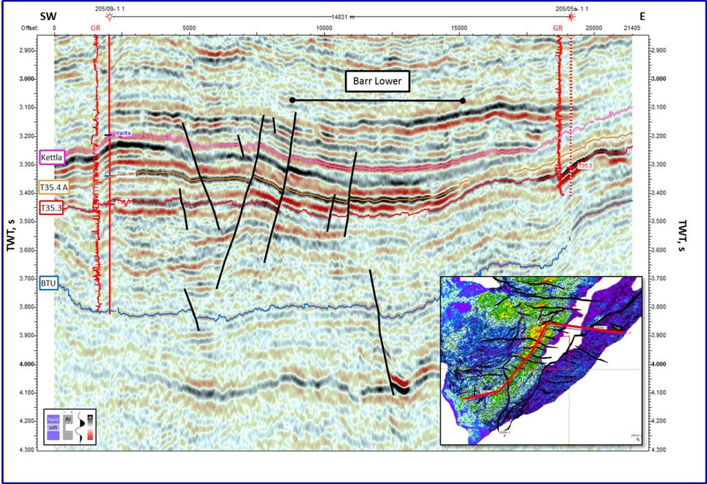 Figure 5 Seismic section between 205/9-1, the Lower Barr prospect and 205/5a-1 Data: MegaSurveyPlus data courtesy of PGS MultiClient 5.