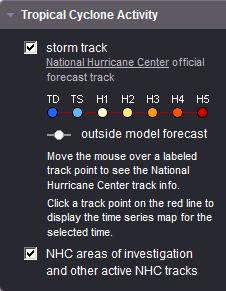 The dark red line is the forecasted track at the center of the cone of uncertainty, while the black lines to the left and right of the track indicate the edges of the cone.