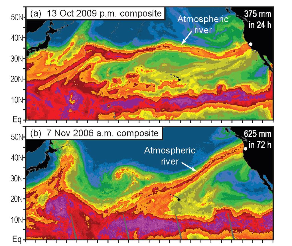 Atmospheric rivers: SSM/I Satellite data for two recent examples that produced extreme rainfall and flooding These color images represent satellite observations of atmospheric water vapor over the