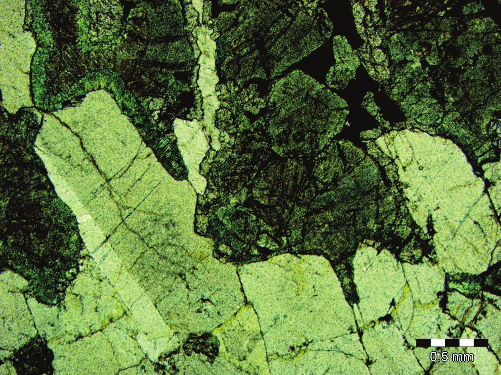 B) Photomicrograph of undeformed gabbronorite. C) Photomicrograph of recrystallized gabbronorite converted to amphibolite.