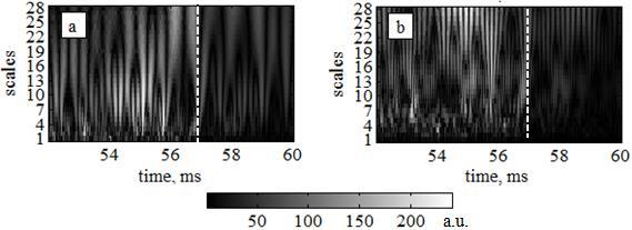 Figure 3. Edge plasma potential fluctuation for the signals #16081 (а), #19124 (b), #19124 in the interval 56 to 57.5 ms (с). The rectangle outlines the time interval analyzed.