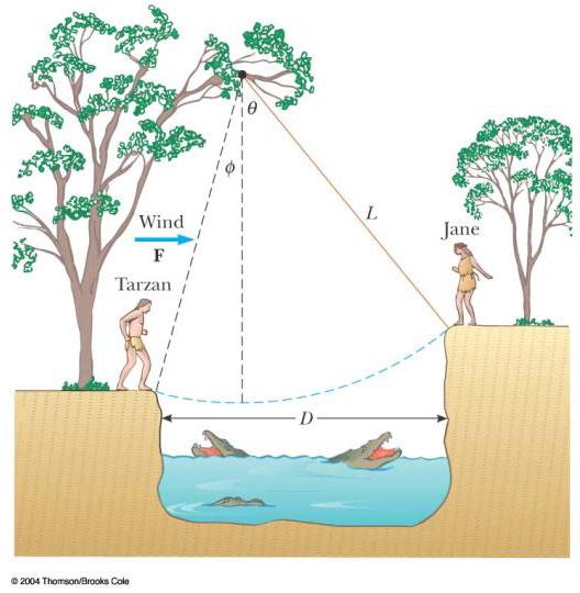 Energy or Newton s 2 nd Law? P8.65 Jane, whose mass is 50.0 kg, needs to swing across a river (having width D) filled with man-eating crocodiles to save Tarzan from danger.