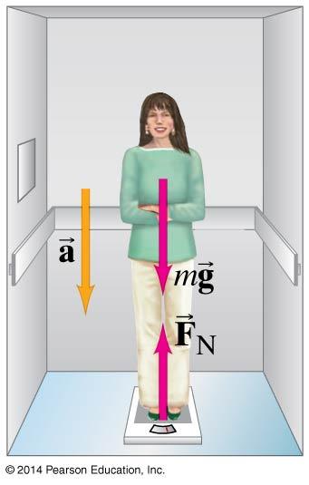 Example (10) A 65-kg woman descends in an elevator that briefly accelerates at 0.20g downward.