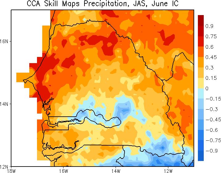 CCA Skill Maps Precipitation, JAS, June IC