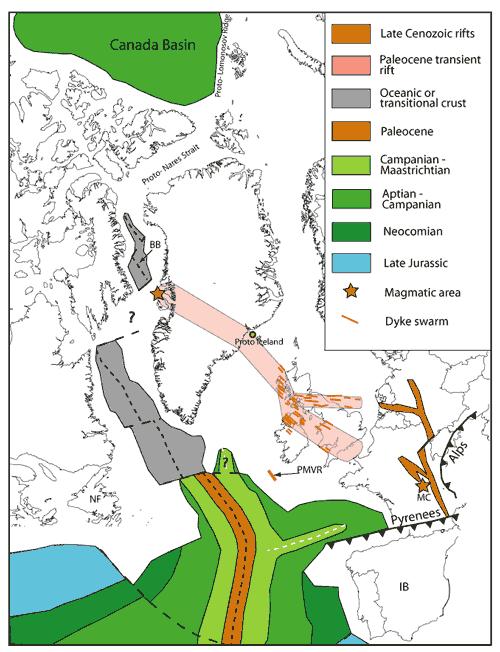 Early Tertiary land bridge across Iceland Plate reconstruction to 60 Ma with simplified seafloor.
