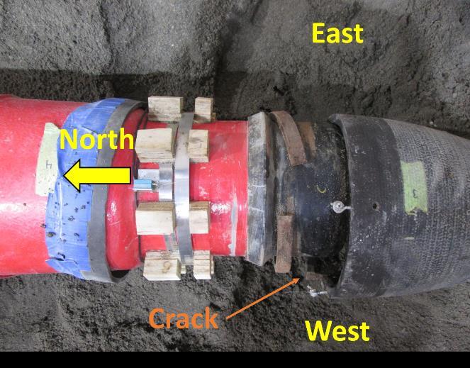 a) Plan View of S15 FR Bell b) Elevation View of S15 FR Bell from West Springline Figure 5.19. Ruptured Pipe at S15 FR Bell following Test without Protective Shield 5.