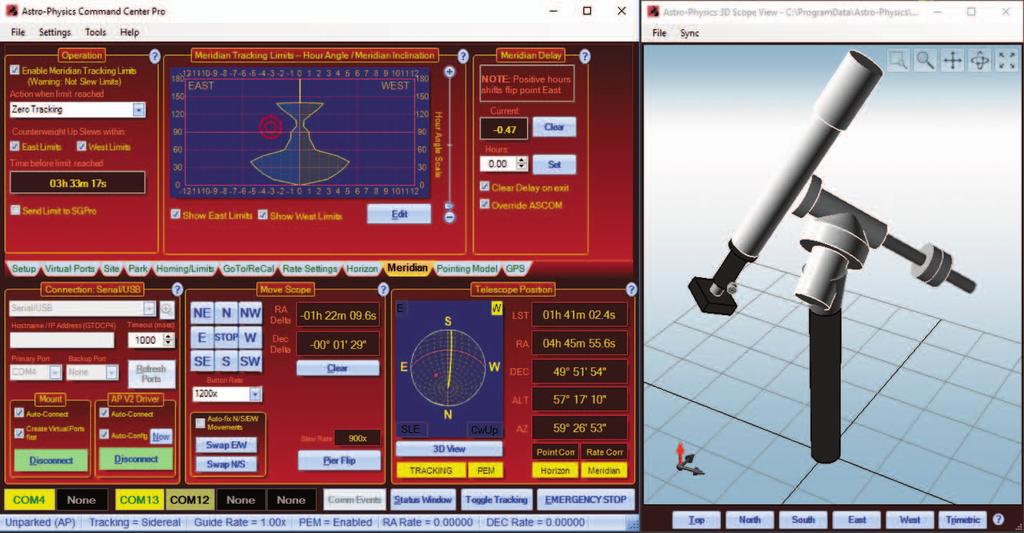 In Closing p Astro-Physics Command Center Pro software showing the Meridian Tracking Limits tab open and with the 3D Scope View window also open and displaying the position of the telescope in