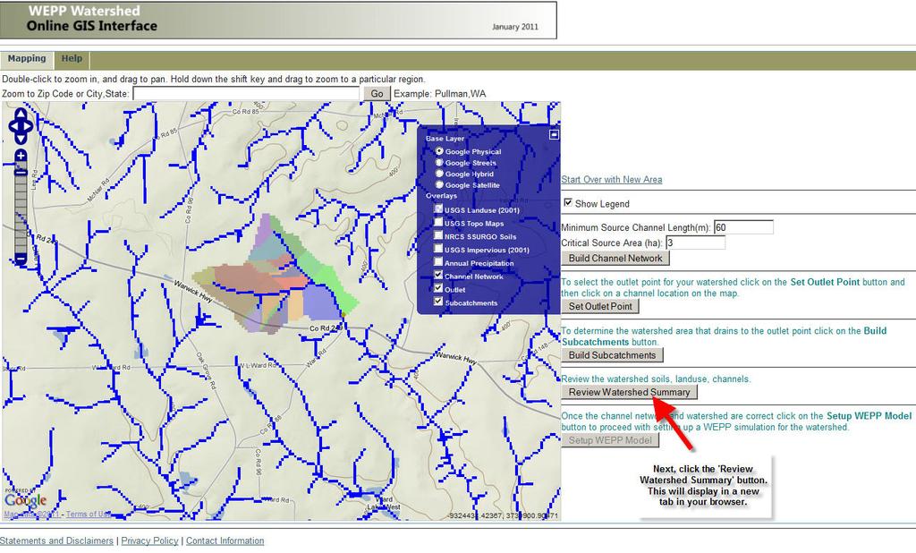 Review Watershed Characteristics This step will summarize the channels, landuse and soils that will be used in the simulation.