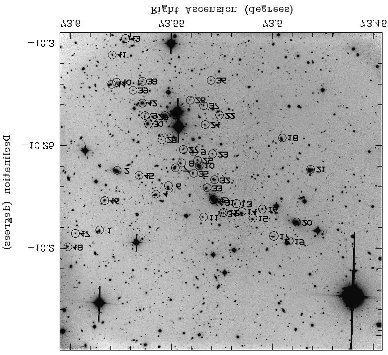 850 S. Maurogordato et al.: Abell 521: dynamical analysis of a young cluster Fig. 1. Finding chart for galaxies with successful velocity measurements in Abell 521.