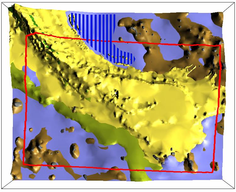 Figure 1. Updated Virttaankangas 3-D model (10 x 8 km = 6.2 x 5.0 miles). The red box shows the limits of the older Virttaankangas 3-D model.
