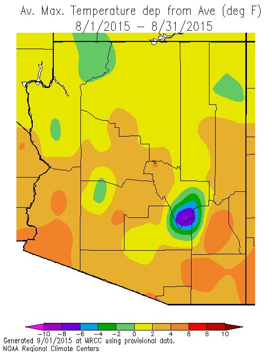 Southern Gila County was cooler than average, but the bullseye at 15 degrees cooler than average is most