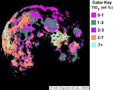 3 of 5 Above: Map of TiO 2 concentrations in the lunar maria on the nearside of the Moon, determined from images obtained by the Galileo spacecraft. Highland areas (black) have been masked out.