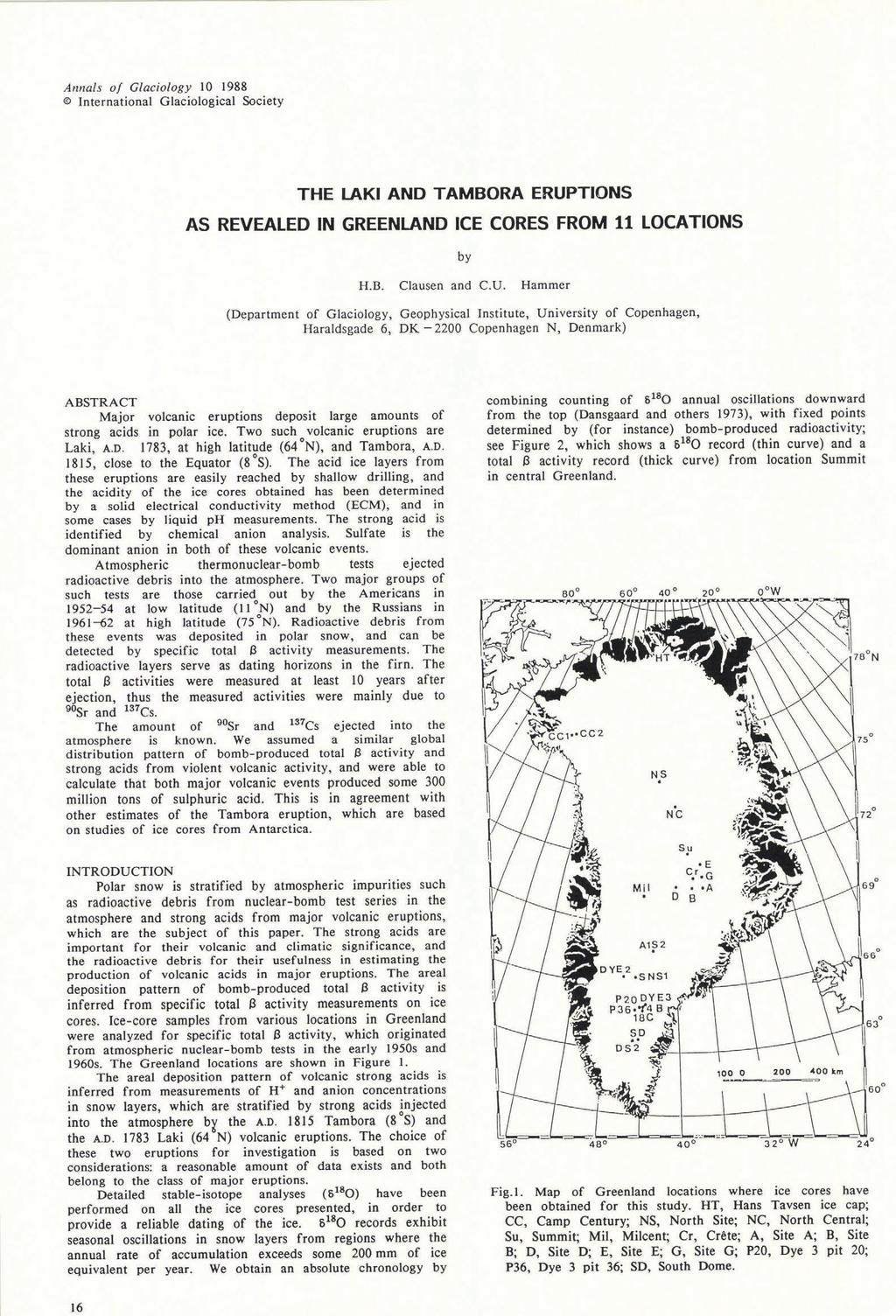 Annals of Glaciology 1988 International Glaciological Society THE LAKI AND TAMBORA ERUP