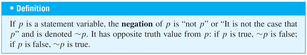 Truth Values The negation of a statement is a