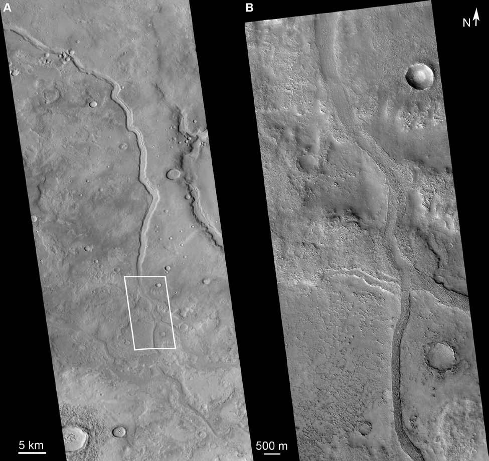 Supplemental Figure 3. A) Negative relief valley network (top of image) transitions to a low relief plateau (sinuous ridge at bottom) near 32 N, 314 W in Arabia Terra.