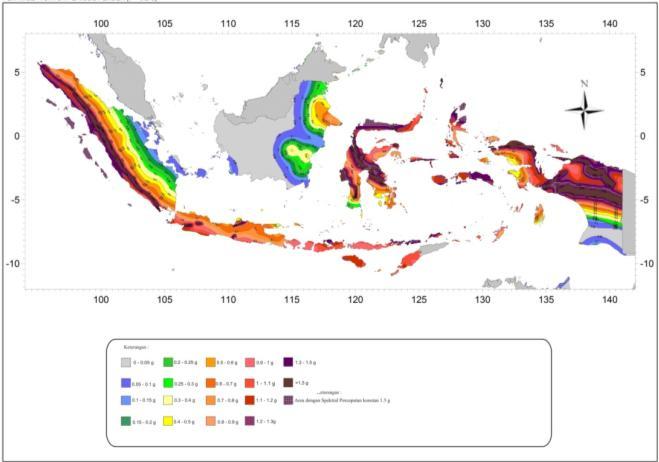 (a) (b) Figure 3: Risk-Targeted Maximum Considered Earthquake (MCE R ) ground motion parameter for Indonesia spectral response acceleration (5% of critical damping), Site Class B; a) Ss (b)s1 5.