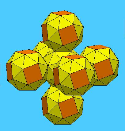 Below, left: a network of icosahedra, centered on a