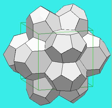 together. The voids are dodecahedra (yellow) centered on a bcc lattice.