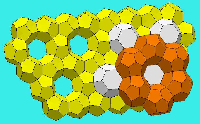 A tiling of space with 12-, 14- and 15-hedra. Columns of 14-hedra run parallel to the hexagonal symmetry axis.