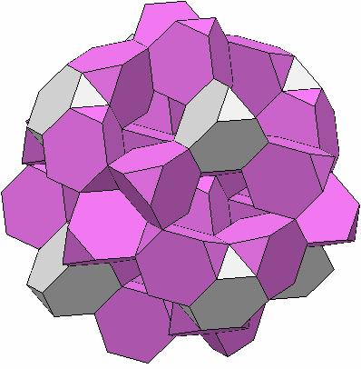 The atoms at the centers of the nodal units (white) are have 12 neighbours at the polyhedron vertices and 4 in the centers of neighbouring polyhedra as in a