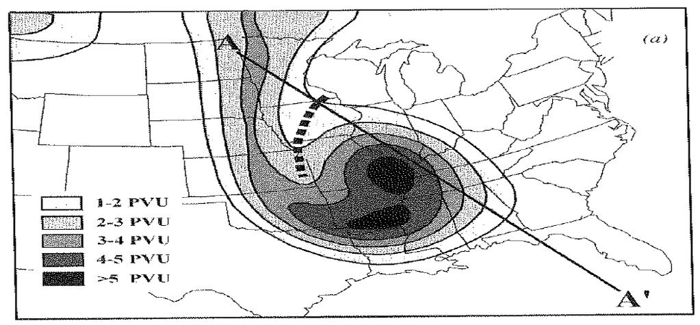 Figure 3. Isopleths of potential vorticity (contoured and shaded; units: PVU) on a generic upper tropospheric isobaric surface. Reproduced from Mid-Latitude Atmospheric Dynamics by J.