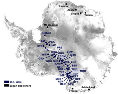 A map of meteorite finds in Antarctica. This image was provided courtesy of Rick Fienberg. Why will we look for, but not collect meteorites?