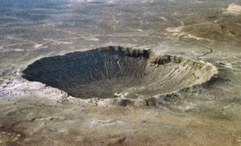 A public domain photograph of the 1.19 km (0.74 mile) wide Barringer Crater in Arizona. The Barringer Crater, a 1.19 km (0.74 mile) diameter crater in Arizona is an excellent example of a hypervelocity impact crater.