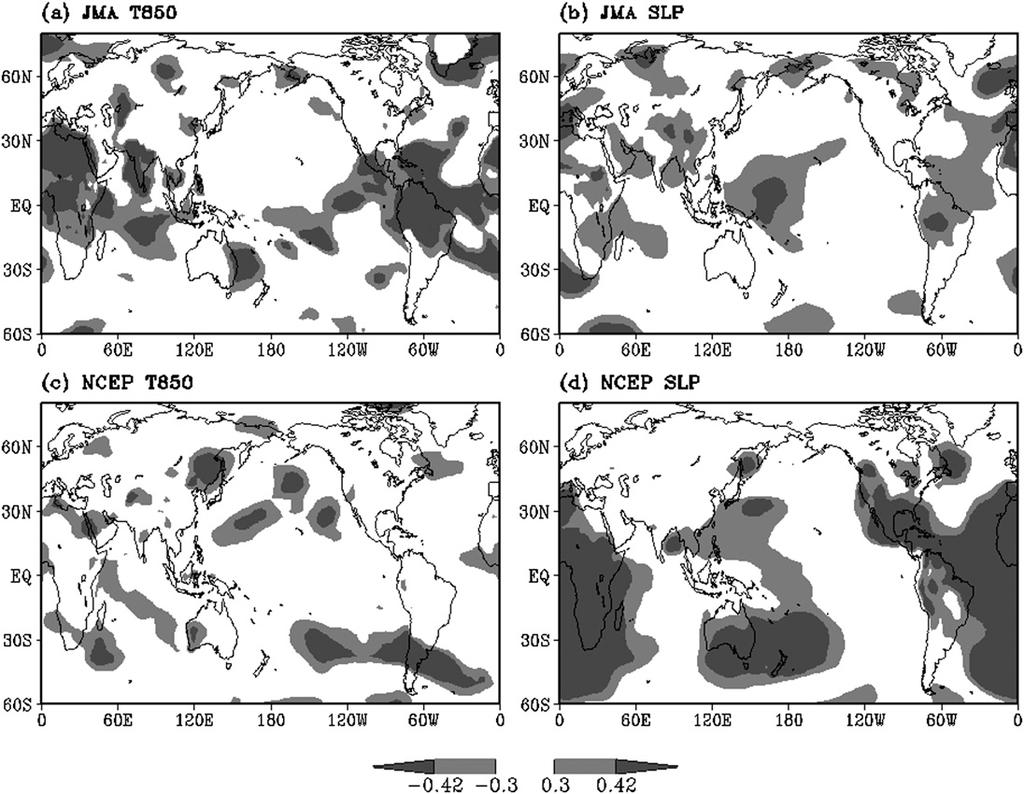 JUNE 2009 K A N G E T A L. 1935 FIG. 8. (a),(b) The correlation coefficients between the precipitation at Seoul and the T850/SLP simulated by JMA model during the 21 years of 1983 2003 separately.
