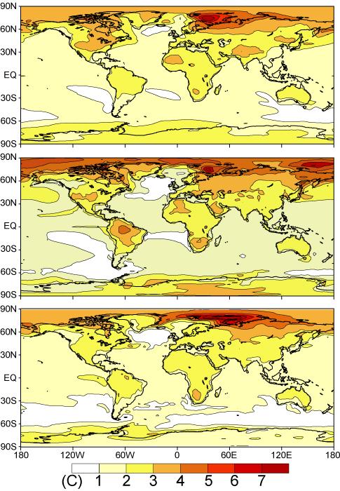Surface air temperature change for three models * 2040-2069 annual avg. (rel.
