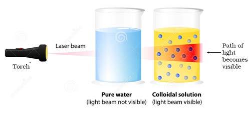 This effect is explained by the scattering of light beam by particles in the solution.