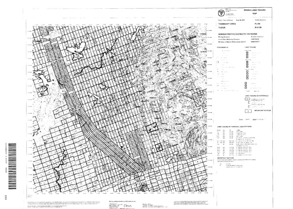 MINING LAND TENURE MAP Date l Time of Issue Sop 28 2001 TOWNSHIP/AREA TUDOR 10:03h Eastern PLAN M-0156 ADMINISTRATIVE DISTRICTS l DIVISIONS Mining Division Smithnin Ontdiio Lsml Titles/Reisislry