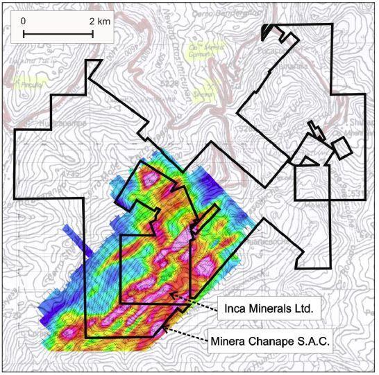 deposit. Chargeability at 150 m depth, highlighting predominant NESW trends in the general area. (High Ridge, 2008).