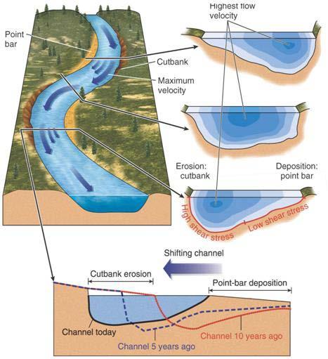 The loops and curves of a slow-moving stream are called meanders. Meanders are formed by erosion and occur where a stream has worn away its banks.