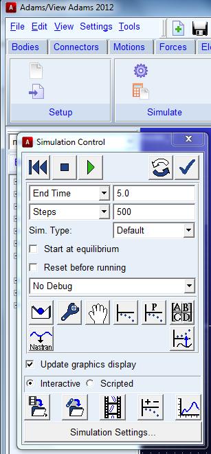 1-11. Run Simulation: Test To define a simulation of the pendulum motion, go to the "Simulation"-menu and Click on Simulate See Figure 1.